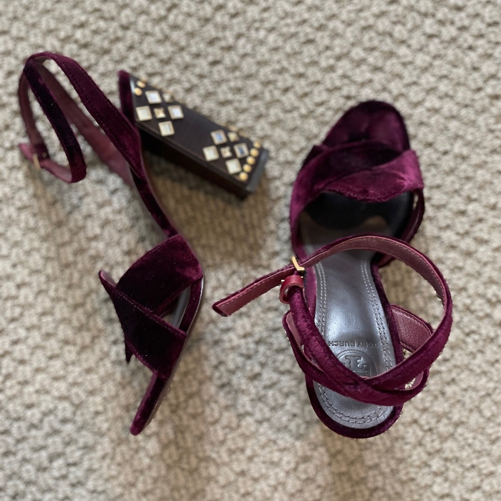 Tory Burch - merlot velvet bedazzled heels